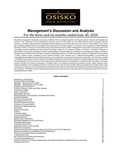 Miniature OR Royalties
 Rapport trimestriel 2020-q2