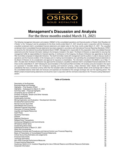 Miniature OR Royalties
 Rapport trimestriel 2021-q1