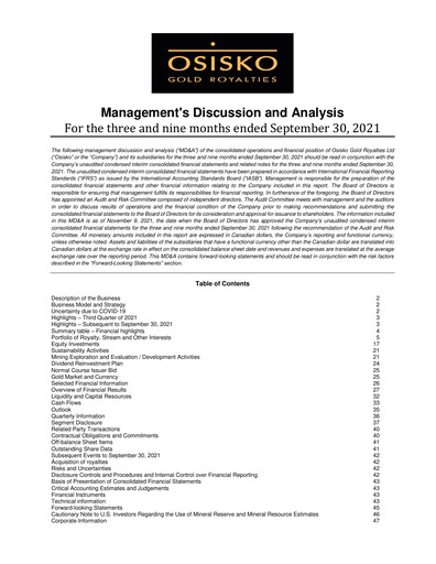Miniature OR Royalties
 Rapport trimestriel 2021-q3