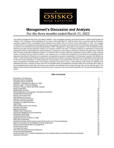Miniature OR Royalties
 Rapport trimestriel 2022-q1