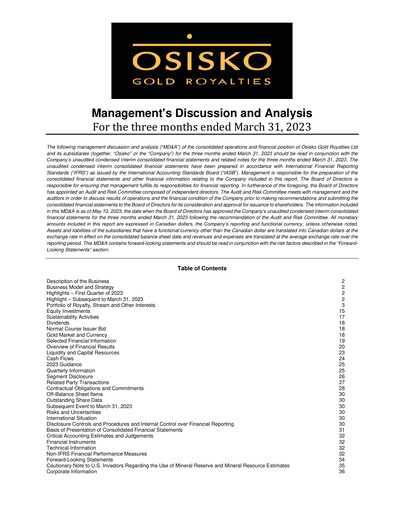 Miniature OR Royalties
 Rapport trimestriel 2023-q1