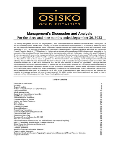 Miniature OR Royalties
 Rapport trimestriel 2023-q3