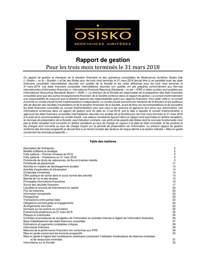 Miniature OR Royalties
 Rapport trimestriel 2018-q1