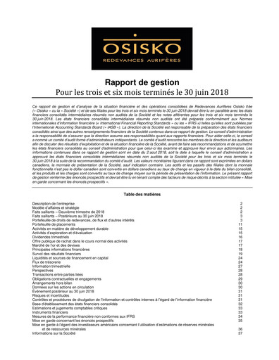 Miniature OR Royalties
 Rapport trimestriel 2018-q2
