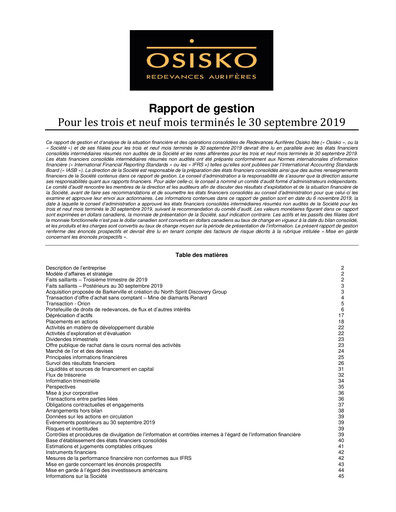 Miniature OR Royalties
 Rapport trimestriel 2019-q3