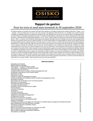 Miniature OR Royalties
 Rapport trimestriel 2020-q3