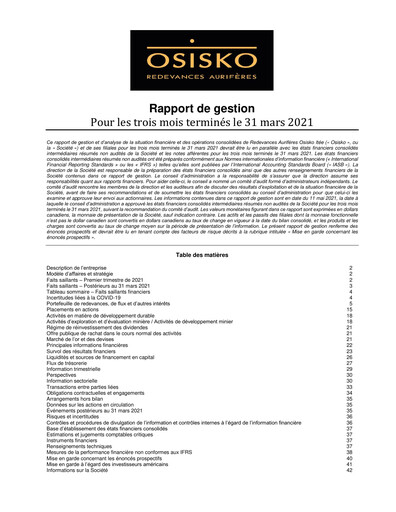 Miniature OR Royalties
 Rapport trimestriel 2021-q1