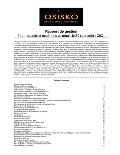 Miniature OR Royalties
 Rapport trimestriel 2021-q3