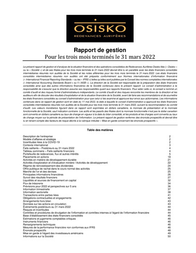 Miniature OR Royalties
 Rapport trimestriel 2022-q1