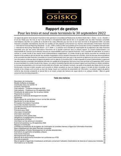 Miniature OR Royalties
 Rapport trimestriel 2022-q3