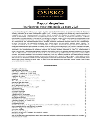 Miniature OR Royalties
 Rapport trimestriel 2023-q1