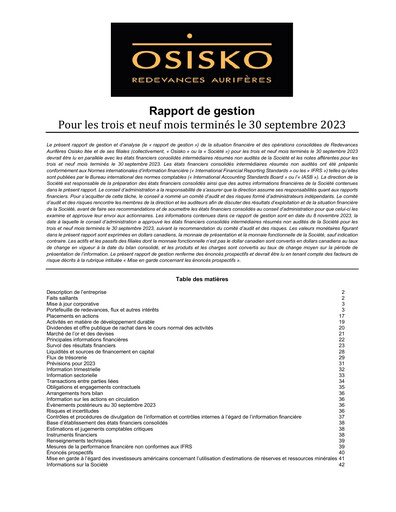 Miniature OR Royalties
 Rapport trimestriel 2023-q3