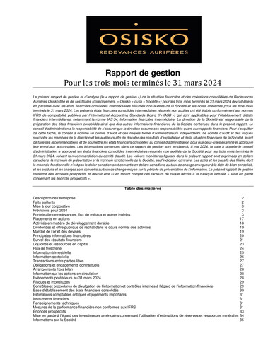 Miniature OR Royalties
 Rapport trimestriel 2024-q1