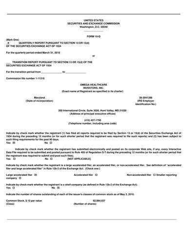Thumbnail Omega Healthcare Investors Quarterly Report 2010-q1