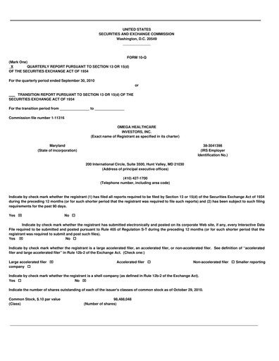 Thumbnail Omega Healthcare Investors Quarterly Report 2010-q3