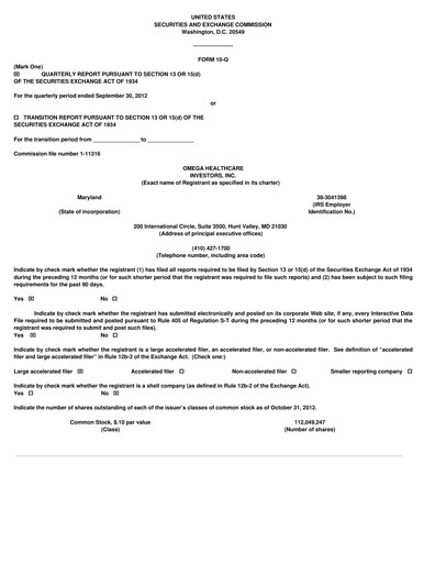Thumbnail Omega Healthcare Investors Quarterly Report 2012-q3