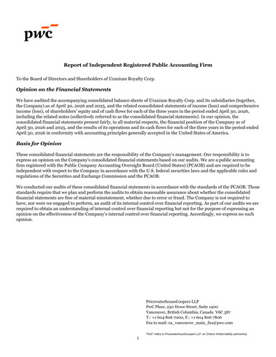 Thumbnail Uranium Royalty Financial Statement fy2026