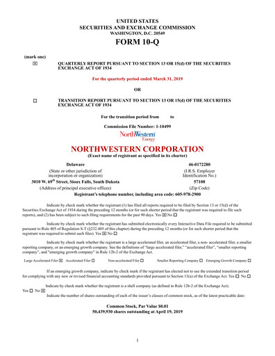 Thumbnail NorthWestern Energy
 Quarterly Report 2019-q1