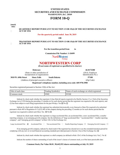 Thumbnail NorthWestern Energy
 Quarterly Report 2019-q2
