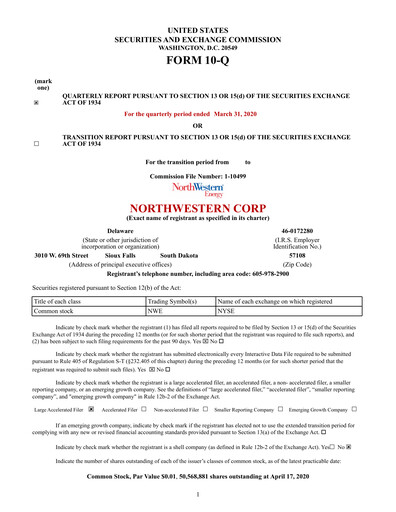 Thumbnail NorthWestern Energy
 Quarterly Report 2020-q1