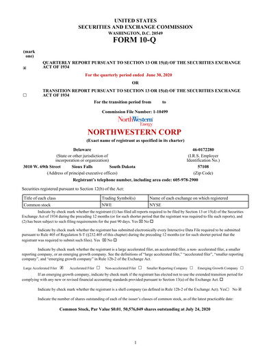 Thumbnail NorthWestern Energy
 Quarterly Report 2020-q2