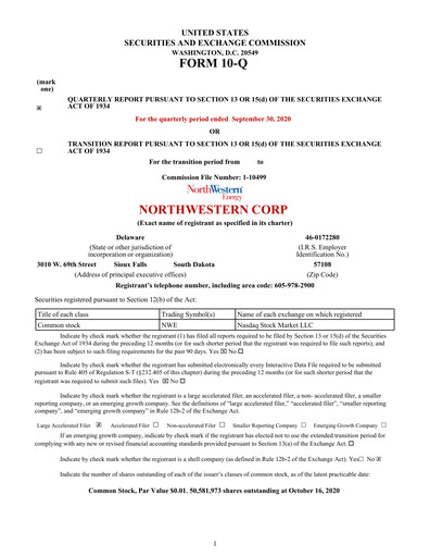Thumbnail NorthWestern Energy
 Quarterly Report 2020-q3