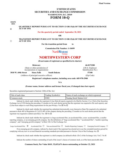 Thumbnail NorthWestern Energy
 Quarterly Report 2021-q3