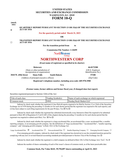 Thumbnail NorthWestern Energy
 Quarterly Report 2023-q1