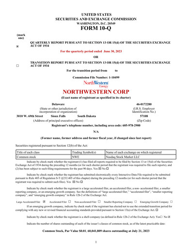 Thumbnail NorthWestern Energy
 Quarterly Report 2023-q2