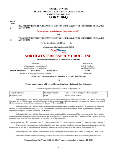 Thumbnail NorthWestern Energy
 Quarterly Report 2025-q3