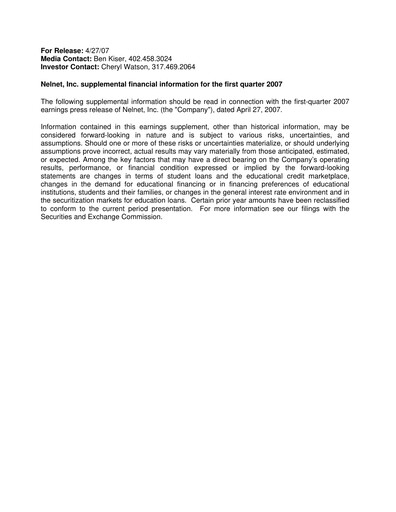 Miniature Nelnet Rapport trimestriel 2007-q1