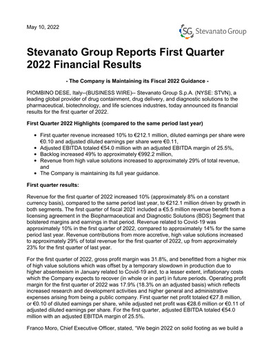 Thumbnail Stevanato Group Quarterly Report 2022-q1
