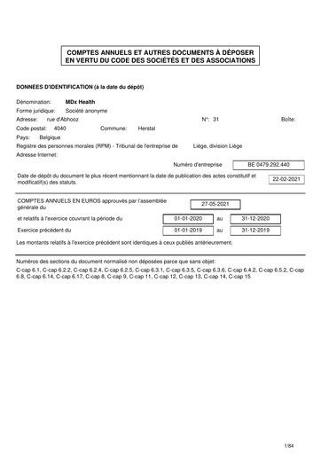 Miniature MDxHealth Bilan financier 2020