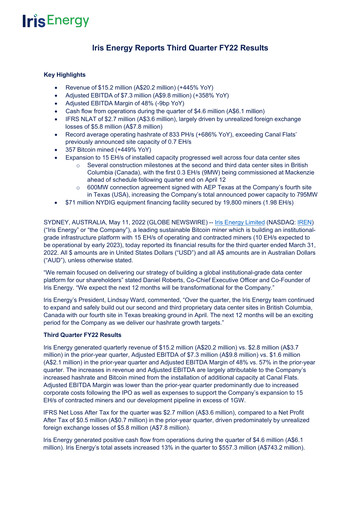 Thumbnail IREN (Iris Energy) Quarterly Report fy2022-q3