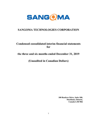 Miniature Sangoma Technologies Rapport trimestriel fy2020-q2