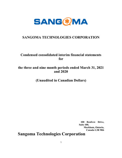 Miniature Sangoma Technologies Rapport trimestriel fy2021-q3