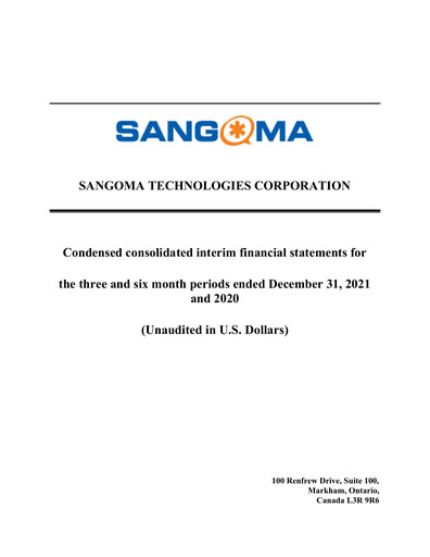 Miniature Sangoma Technologies Rapport trimestriel fy2022-q2