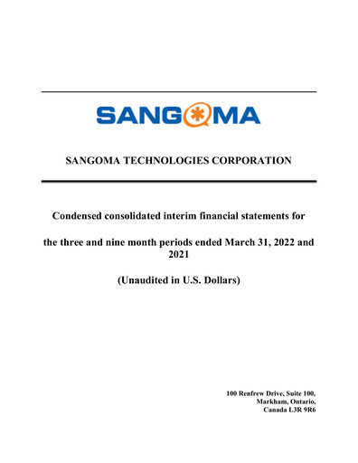 Miniature Sangoma Technologies Rapport trimestriel fy2022-q3