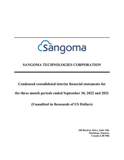 Miniature Sangoma Technologies Rapport trimestriel fy2023-q1