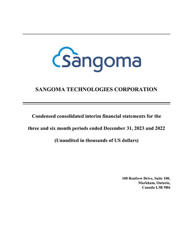 Miniature Sangoma Technologies Rapport trimestriel fy2024-q2