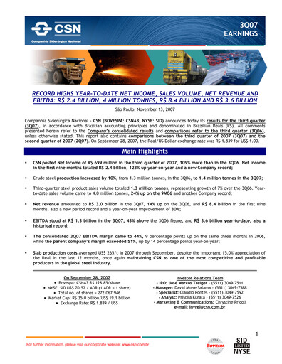 Thumbnail Companhia Siderúrgica Nacional
 Quarterly Report 2007-q3