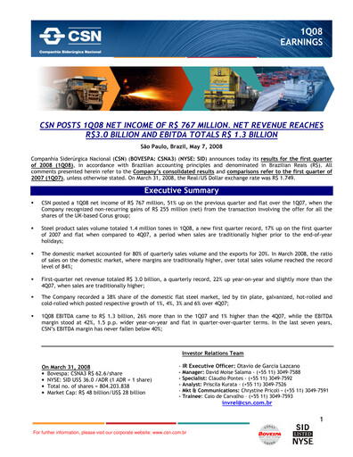 Thumbnail Companhia Siderúrgica Nacional
 Quarterly Report 2008-q1