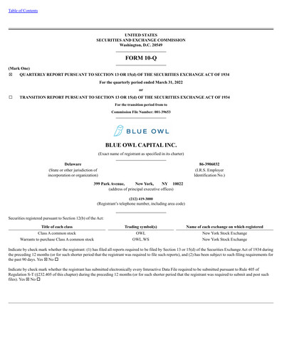 Miniature Blue Owl Capital Rapport trimestriel 2022-q1