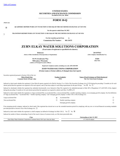 Thumbnail Zurn Elkay Water Solutions Quarterly Report 2022-q2