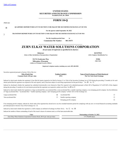 Thumbnail Zurn Elkay Water Solutions Quarterly Report 2022-q3