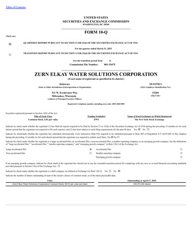 Thumbnail Zurn Elkay Water Solutions Quarterly Report 2025-q1