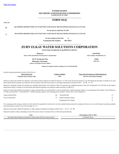 Thumbnail Zurn Elkay Water Solutions Quarterly Report 2026-q2