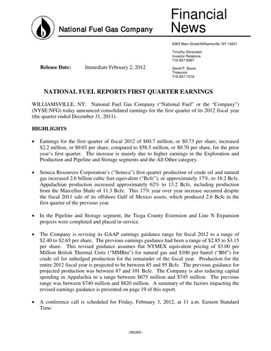 Thumbnail National Fuel Gas
 Quarterly Report 2012-q1