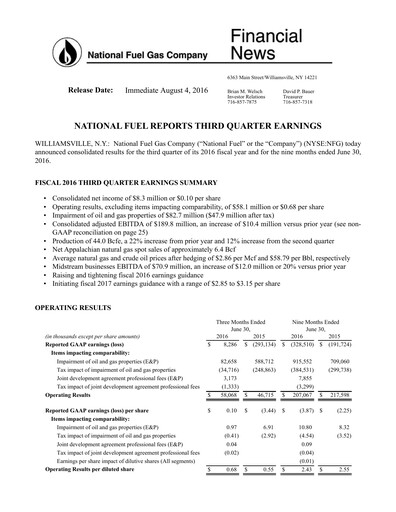 Thumbnail National Fuel Gas
 Quarterly Report 2016-q3
