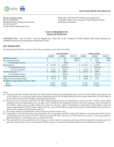 Thumbnail Nam Tai Property Quarterly Report 2018-q2
